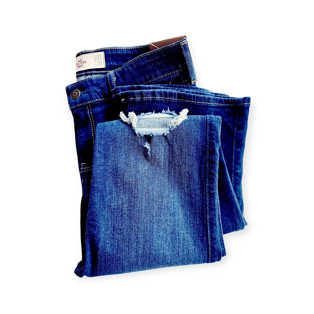 Hollister Women's Skinny Jeans in Dark Blue with Distressed Knee